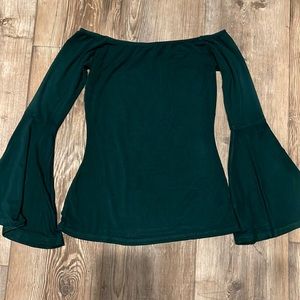 Lulu’s emerald green off the shoulder shirt with bell sleeves
